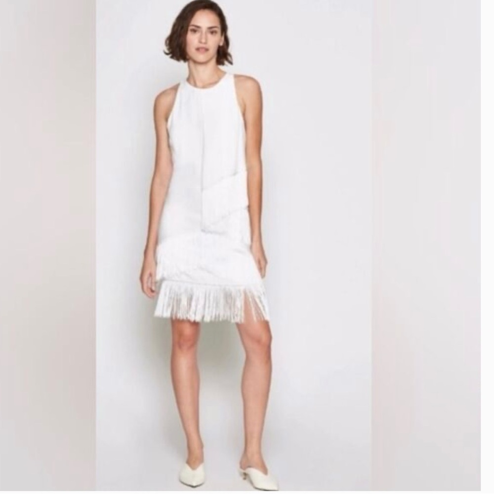 $498 Joie Women's White Tiered Fringe Jewel Neck Amiyah Shift Dress Size 2